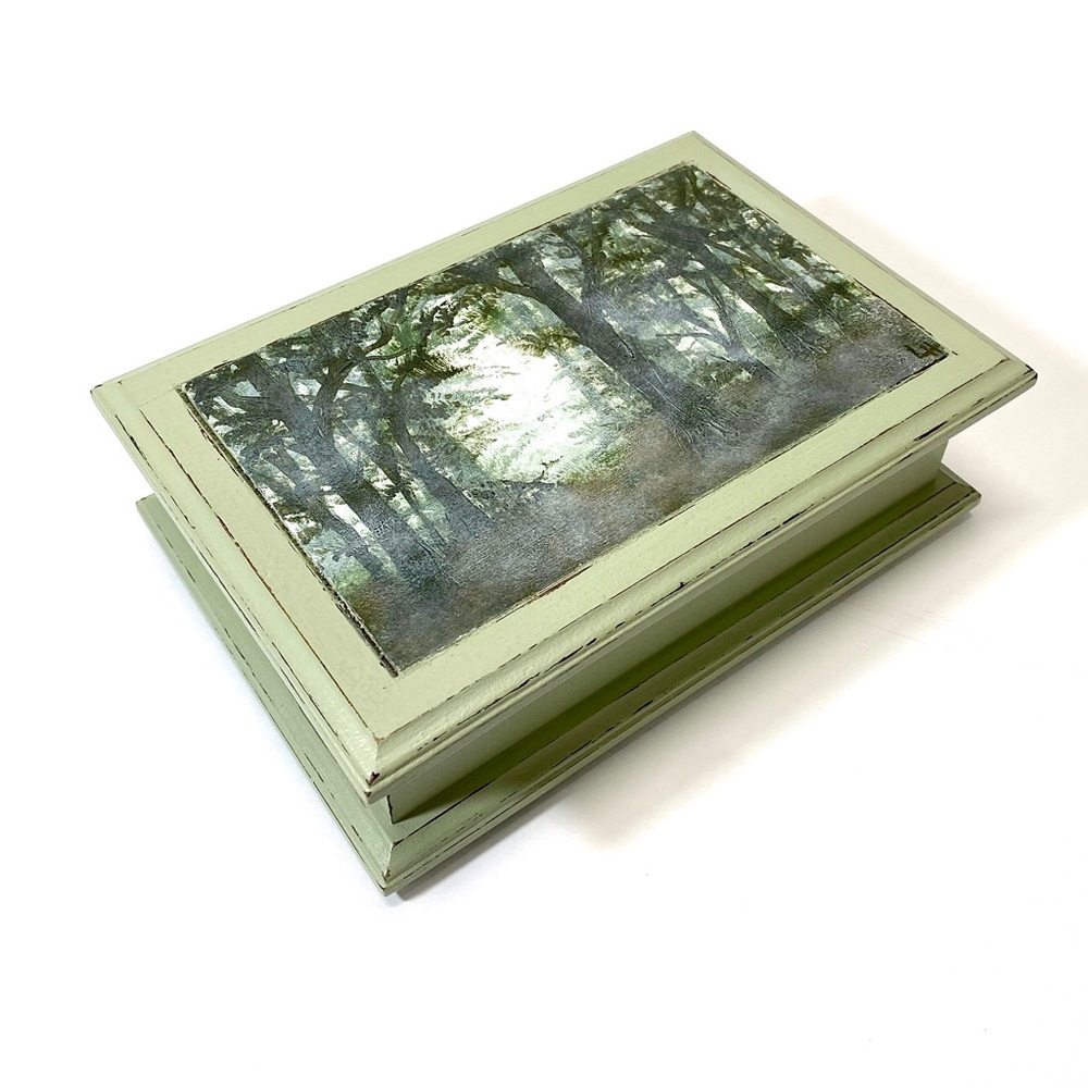 ORIGINAL Acrylic Foggy Forest Art on Reloved Vintage Wood Jewelry Box